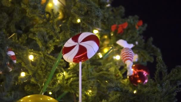 Kerstboom speelgoed draait op een boomtak — Stockvideo