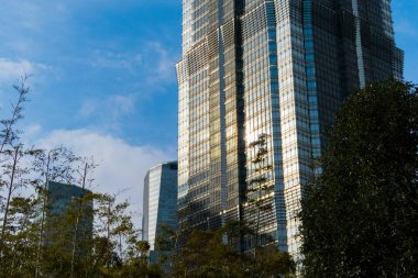 Shanghai, Çin - 15 Ocak 2018: bir yüksek cam gökdelen içinde bulutlar yansıtılır. Yakınlarda ağaçları bulunmaktadır