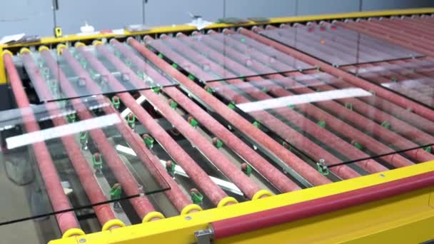 Worker puts a sheet of glass on the processing conveyor belt. Conveyor belt for the production and processing of flat glass. Industrial equipment — 비디오