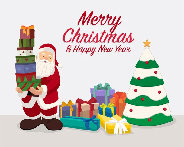Noel Baba eve Noel ağacı getirmekten mutlu. Noel ağacının yanında çeşitli hediyeler.