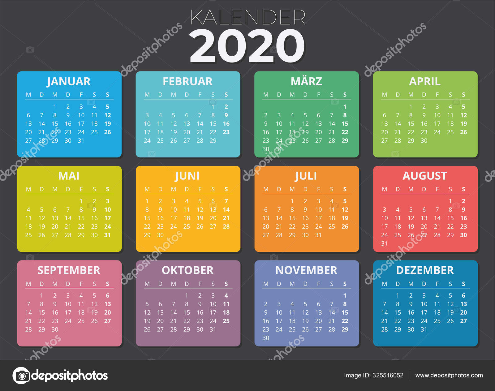 Deutscher Kalender 2020 Bunt Kalender Von Montag Bis Sonntag Stock