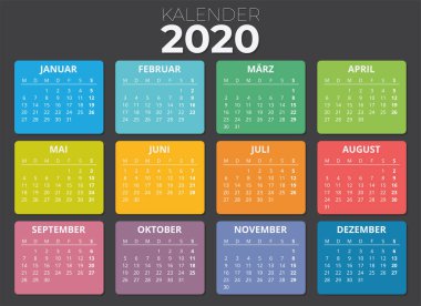 Deutscher Kalender 2020 Bunt. Kalender von Montag bis Sonntag. clipart