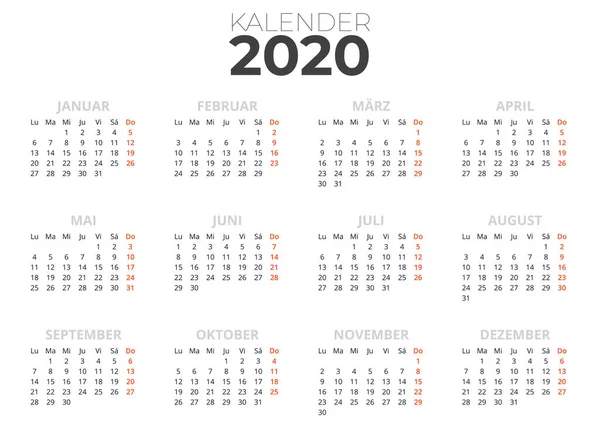 Deutscher Kalender 2020 Wei Druckbarer Kalender — Stockový vektor