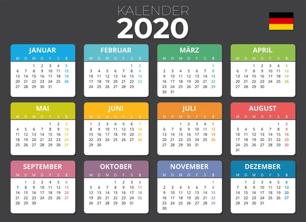 Deutscher Kalender 2020 Deutsche Flagge Kalender Von Montag Bis Sonntag — Stockový vektor