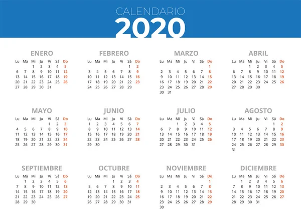 2020 Calendario Banner Color Azul Espana Para Imprimir — Stockový vektor