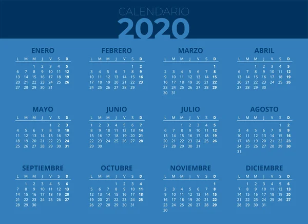 2020 Calendario Fondo Color Azul Espana — Stockový vektor