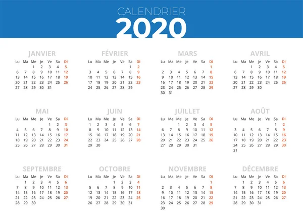 Calendrier Francais 2020 Bande Bleu Calendrier Imprimable — Stockový vektor