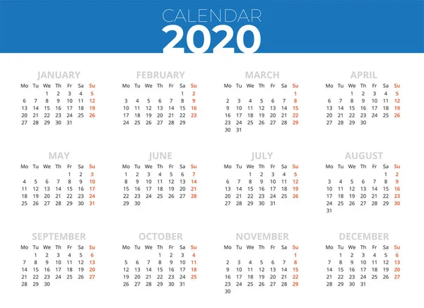 Engelsk Kalender 2020 Blått Banner Horisontal Kalender Utskrift – stockvektor