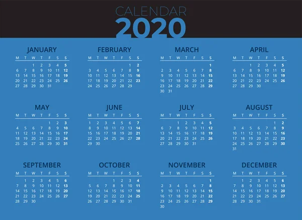 Engelse Kalender 2020 Blauwe Achtergrond Horizontale Kalender Van Maandag Tot — Stockvector
