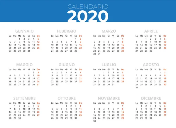 Calendario Italiano 2020 Fascia Blu Calendario Orizzontale Stampabile — Stockový vektor