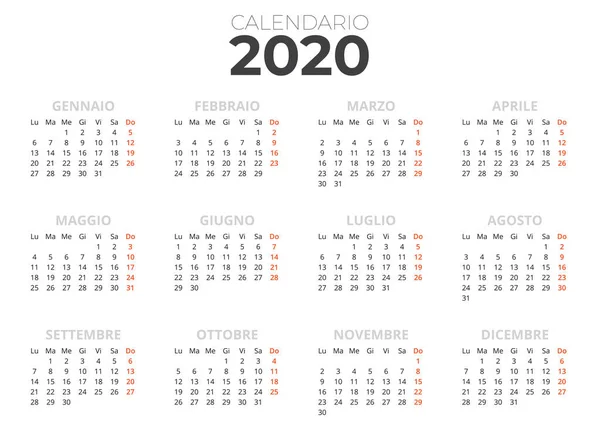 Calendario Italiano 2020 Bianco Calendario Orizzontale Stampabile — Stockový vektor