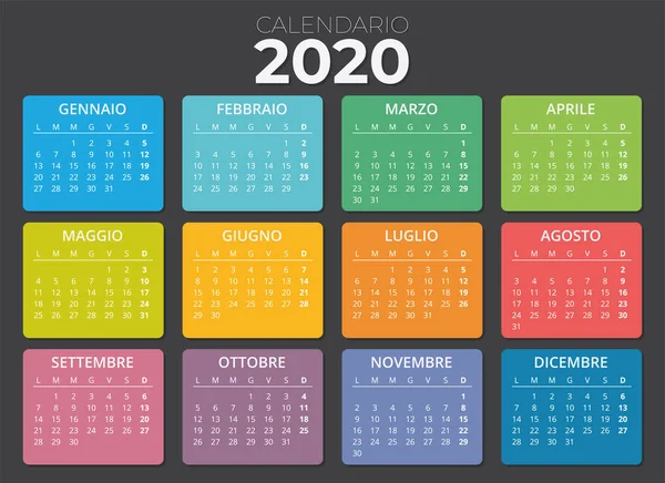 Calendario Italiano 2020 Multicolore Calendario Orizzontale Dal Luned Alla Domenica — Stockový vektor