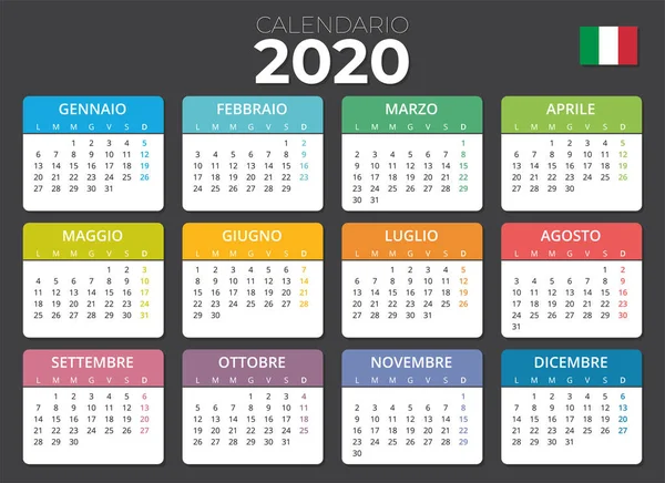 Calendario Italiano 2020 Bandiera Italiana Calendario Orizzontale — Stockový vektor