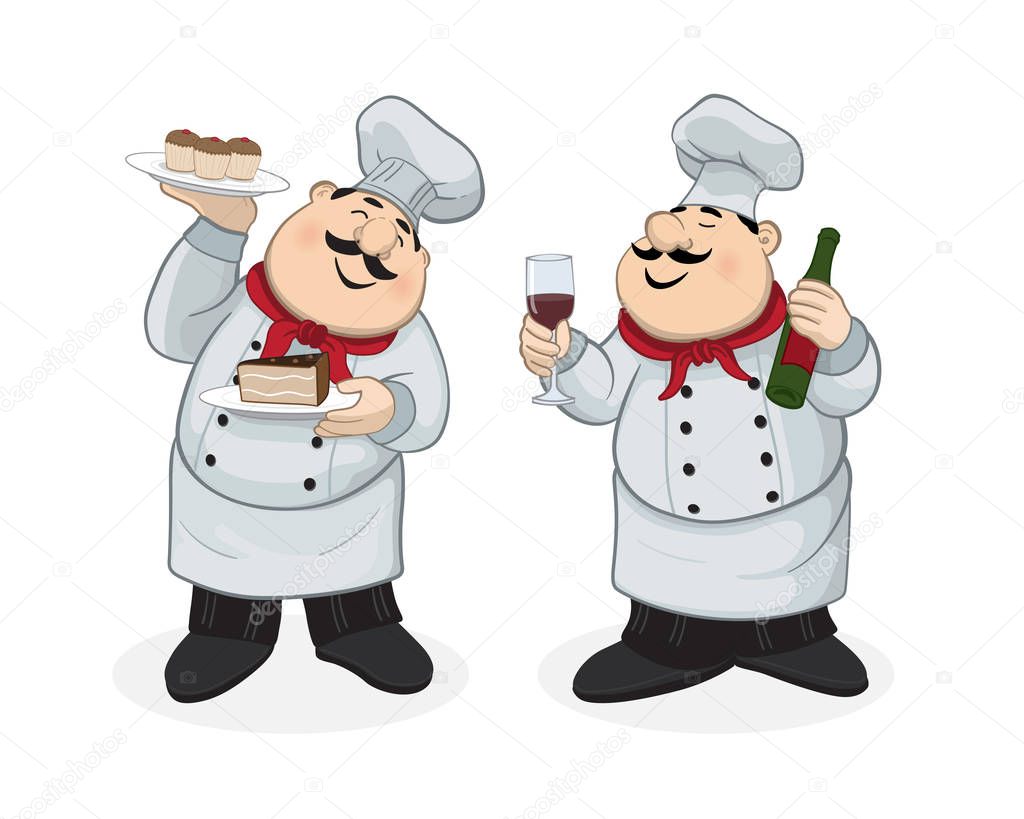 Chef with dessert and chef with red wine