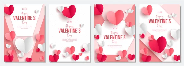 Valentinstag-Plakate aufgestellt. 3D rote und rosa Papierherzen mit Rahmen auf geometrischem Hintergrund. niedlichen Liebe Verkauf Banner oder Grußkarten. Stockillustration