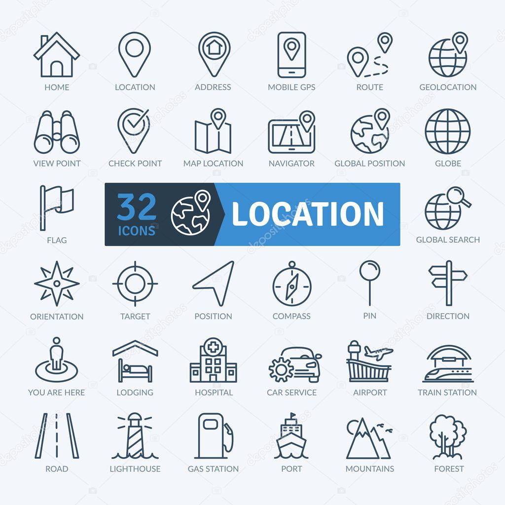 Location Icons Set. Thin line icons set. Outline icons collection. Simple vector icons