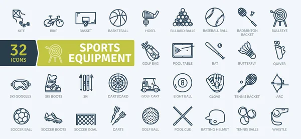 Spor Malzemeleri Paketi. İnce çizgi simgeleri ayarlandı. Flaticon koleksiyonu seti. Basit vektör simgeleri