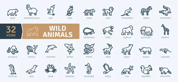 Wild Animals Icons Pack Ikony Tvorů Tenké Čáry Nastaveny Sada Stock Vektory