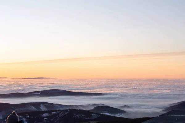 View Sunrise Inversion Higest Mountain Czech Republic Snezka — Stock Photo, Image