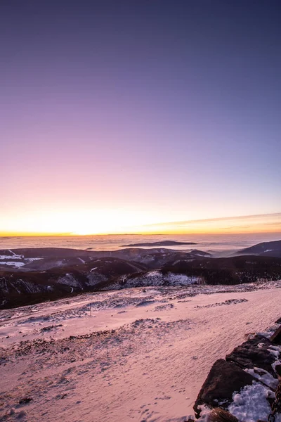 Sunny Winter Mountain Landscape Blowing Snow Sunrise Higest Mountain Czech — Stock Photo, Image