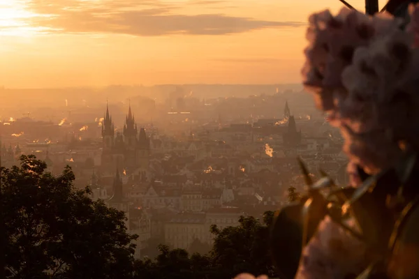 Вид с воздуха на восход солнца в Праге. Концепция путешествий, Чехия — стоковое фото