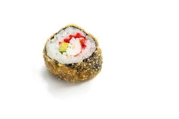 Hot Sushi Roll with salmon, eel, tuna, avocado, royal prawn, cream cheese Philadelphia, caviar tobica, chuka. White background. — Stock Photo, Image