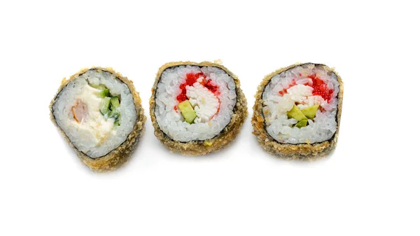 Hot Sushi Roll with salmon, eel, tuna, avocado, royal prawn, cream cheese Philadelphia, caviar tobica, chuka. White background. — Stock Photo, Image