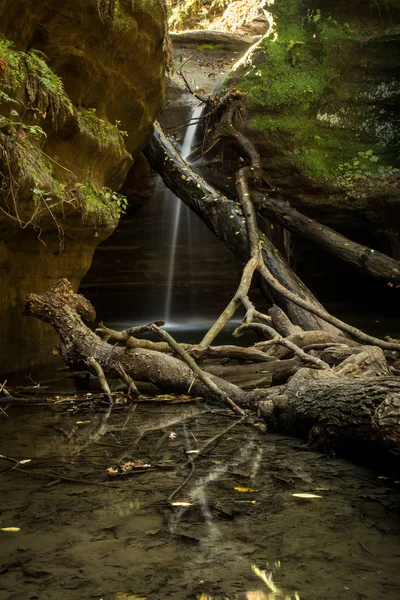 Water zachtjes trapsgewijze via Kaskaskia canyon. Uitgehongerd Rock state park, Verenigde Staten. — Stockfoto