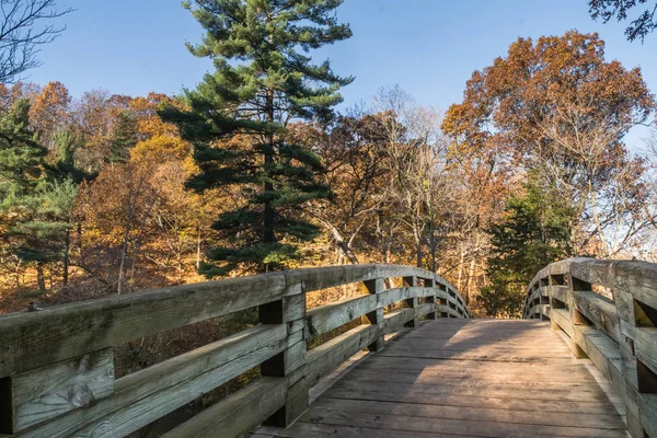 Wooden bridge with beautiful autumn/fall colour/colors behind.  Starved Rock state park, Illinois. — Stock Photo, Image