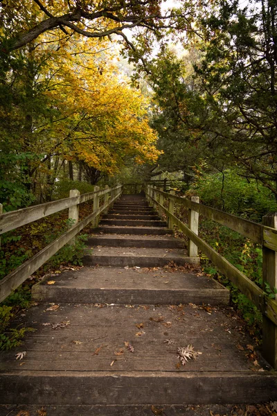 Fall foliage and hiking trails in the fog on a cold autumn day at the Mississippi Palisades state park, Illinois.