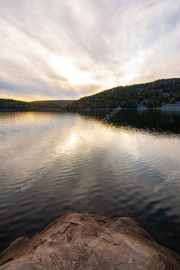 Sunset on the water at Devils Lake state park, WI.