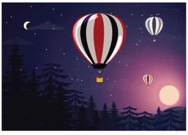 Sıcak hava balonu karlı gece manzarası