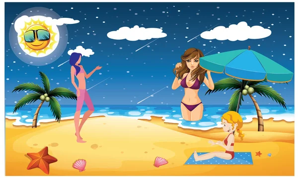 Dames Sont Sur Plage Pour Profiter — Image vectorielle