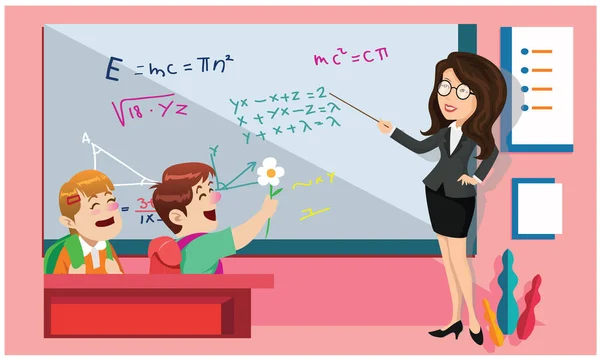 Öğretmen, öğrencilerle birlikte sınıf odasında.