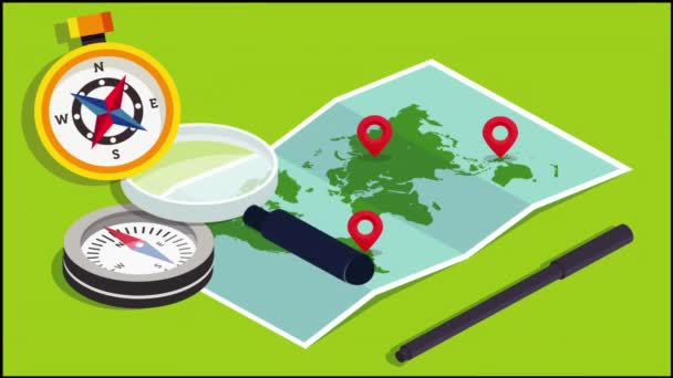 Magnify Glass Compass Find World Map — Stock Video