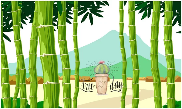Długie Bambusowe Drzewo Małymi Roślinami Dzień Drzewa — Wektor stockowy