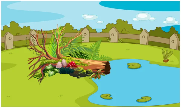 Upadłe Drzewo Drobnych Grzybowych Roślinach Liście Brzegu Rzeki Ogrodzie — Wektor stockowy