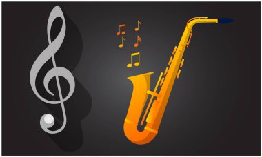 Keman anahtarı ve saksafonlu siyah sanat arka planında müzik sanatı