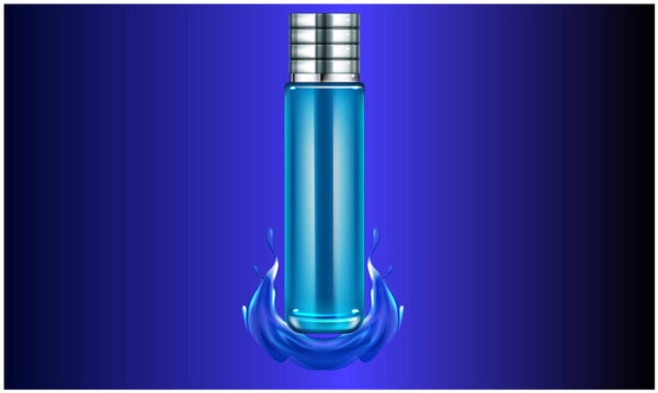 mock up illustration of long glass bottle perfume on blue liquid background