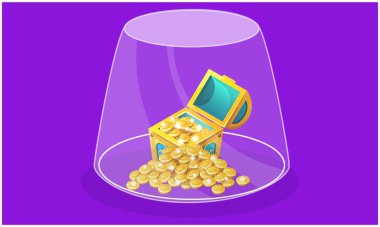 Soyut arkaplanda cam bir kavanozda altın sikkeler bulunan hazine.