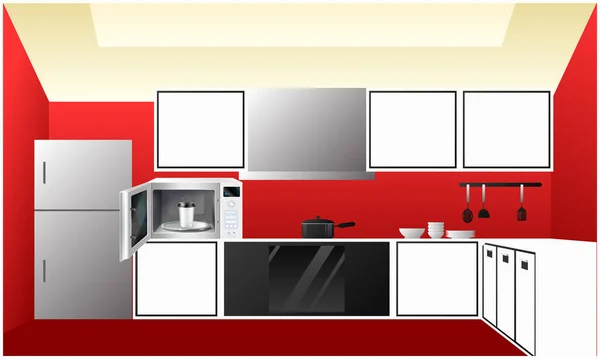 Illustrazione Della Vista Sulla Cucina Con Forno Microonde Caffè Caldo — Vettoriale Stock