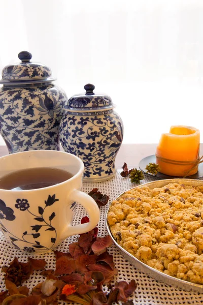 tasty Sbrisolona cake, typical cake of Mantua and tea on tabletop