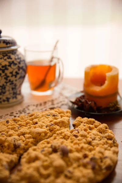 tasty Sbrisolona cake, typical cake of Mantua and tea on tabletop