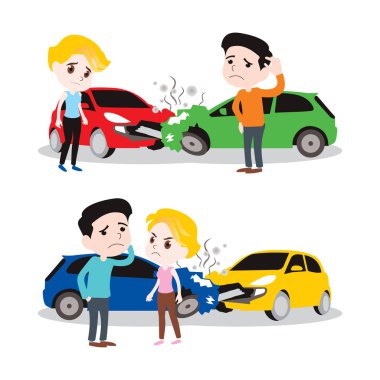 Kadın ve erkek araba kazası geçirmişler. Vektör illüstrasyonu karikatür el çizimi. Kötü tehlikeyi doldur