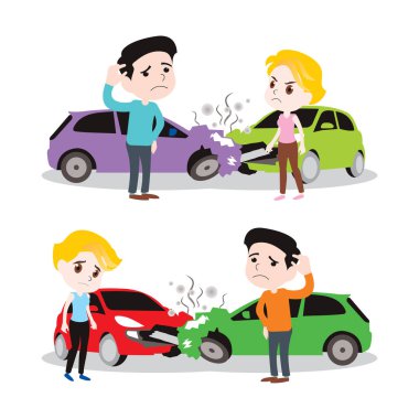 Kadın ve erkek araba kazası geçirmişler. Vektör illüstrasyonu karikatür el çizimi. Kötü tehlikeyi doldur
