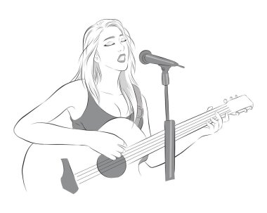 Gitar çalan genç ve güzel bir kadın. Bir şarkı söyle. Çizgi film çizimi çizimi çizimi