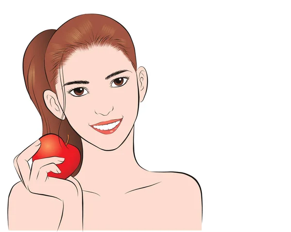 Healthy Girl Show Fresh Apple Strong Healthy Beautiful Woman Action — Stock Vector