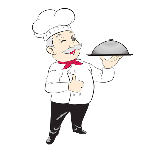 Old Cute Chef Show Thumb Finger Hold Serving Tray Vector — ストックベクタ