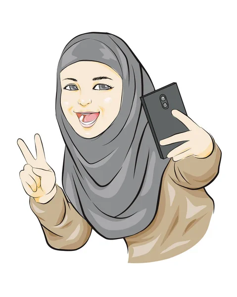 Gadis Muslim Kecil Membuat Selfie Oleh Phone Preteen Gadis Muslim - Stok Vektor
