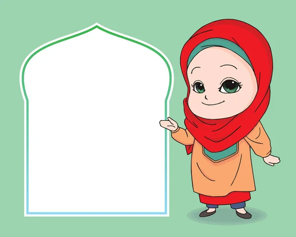 Cute Kartun Muslim Woman Mengenakan Veil Merah Dengan Lengan Ramah - Stok Vektor